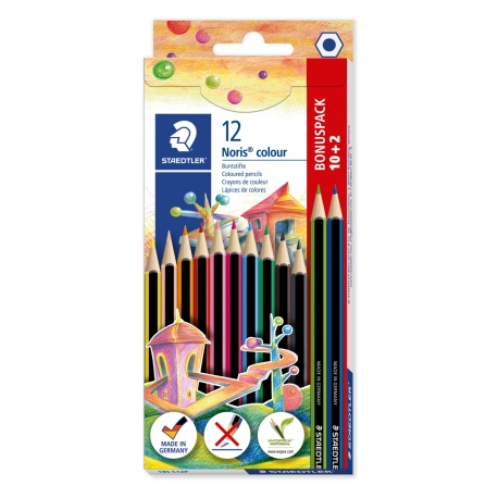 Noris® colour 185 - Etui carton 12 crayons de couleur WOPEX® assortis "10 + 2 offerts"