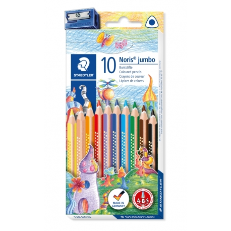 Noris® Jumbo 128/1284 - Etui carton 10 crayons de couleur triangulaires gros module assortis + 1 tai